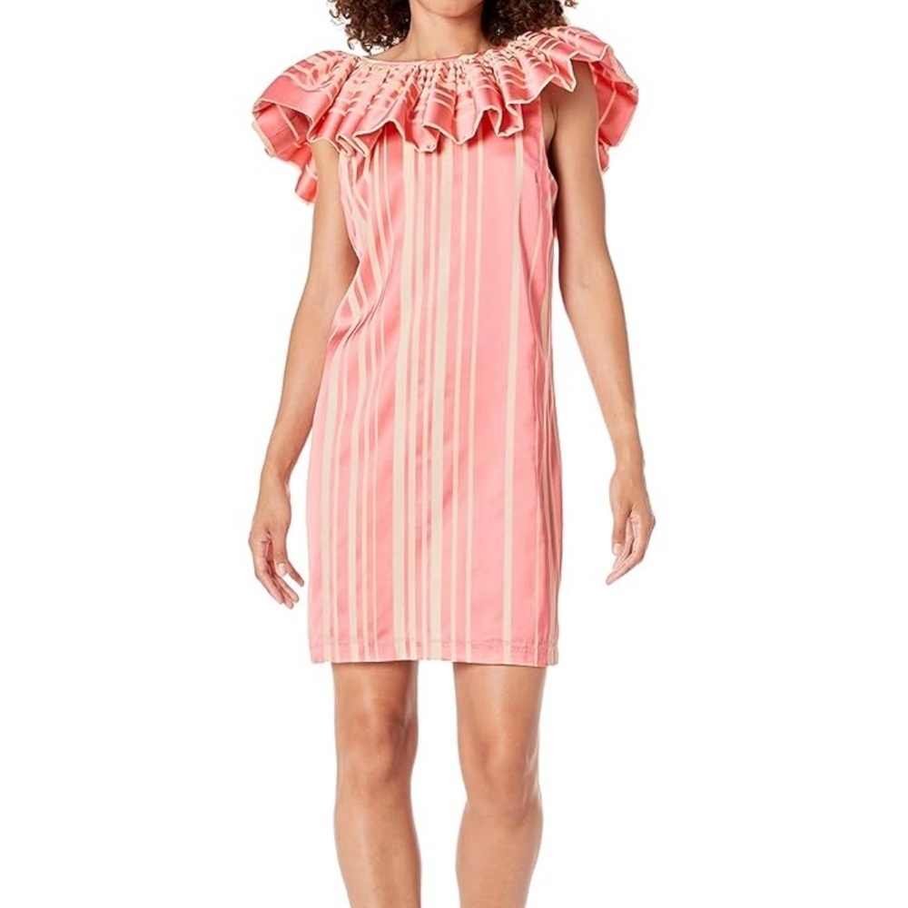 Trina Turk Coral Happy Elegant Coral Striped Ruffle Off-Shoulder Dress